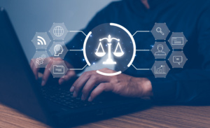 AI in the Legal Industry - Digital Legal Scale over Person Working on Laptop