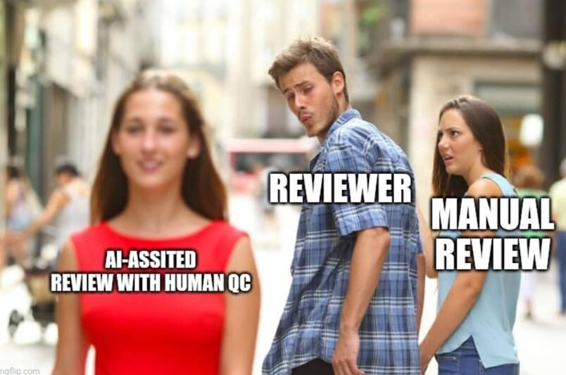 Reviewer looking back at AI with Human QC meme
